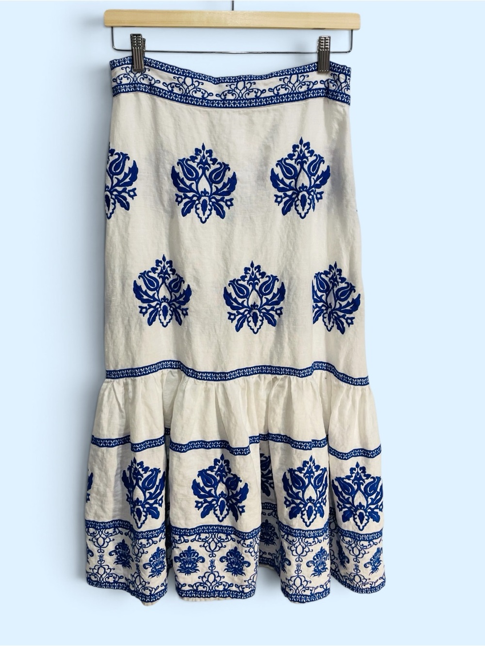 Zara Cream Midi Skirt with Blue Embroidery